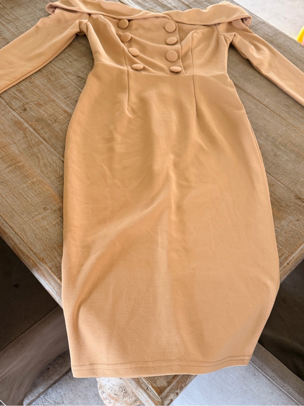 Off-Shoulder Tan Sheath Dress with Decorative Buttons